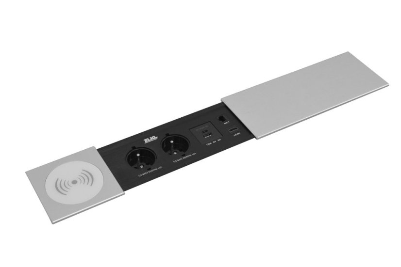Zásuvkový box s posuvným krytem – 2x 230V zásuvka, USB A, USB C, HDMI, RJ45, bezdrátová nabíječka - Barva: stříbrná