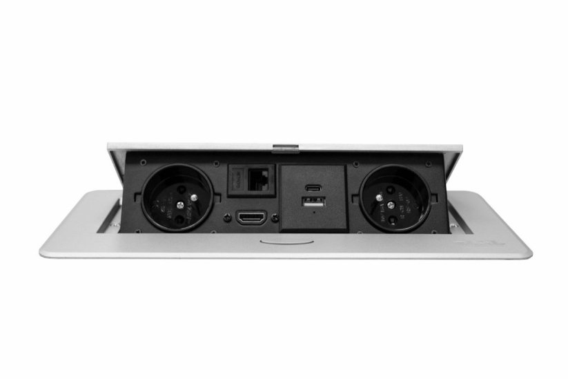Zásuvkový box s výklopným krytem - 2x 230V zásuvka, USB A, USB C, HDMI, RJ45 - Barva: Černá