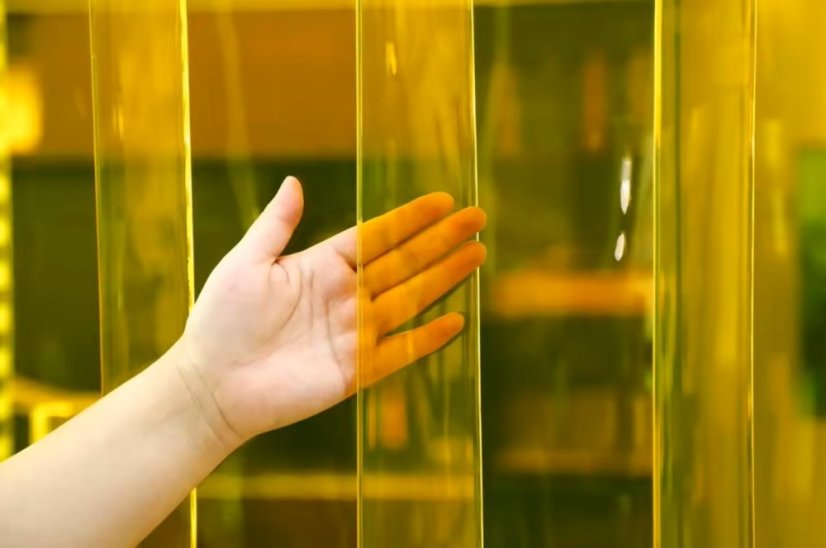 Lamelová clona protiprůvanová s ochranou proti hmyzu, PVC, délka 25 m, šířka 200 mm, tloušťka 3 mm, čirá, hladká, oranžový nádech