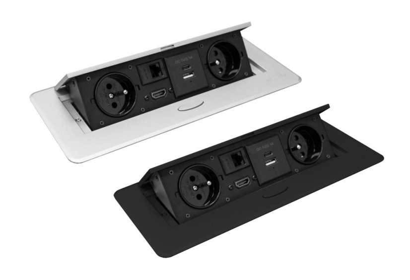Zásuvkový box s výklopným krytem - 2x 230V zásuvka, USB A, USB C, HDMI, RJ45