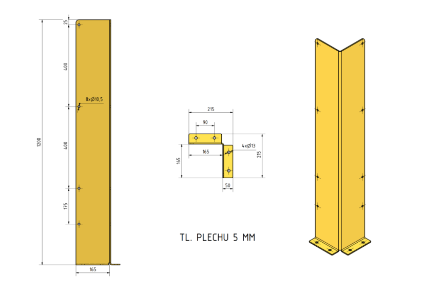 Kovová ochrana rohů a zdí 1200 mm žlutá