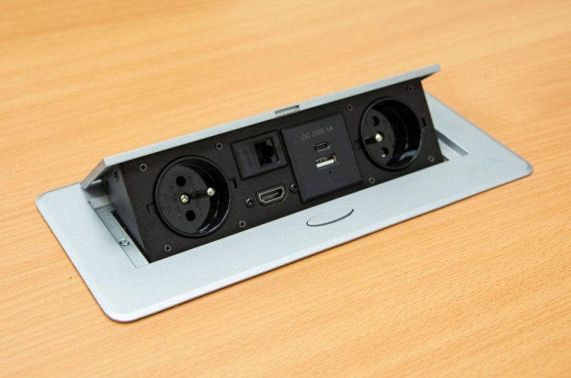 Zásuvkový box s výklopným krytem - 2x 230V zásuvka, USB A, USB C, HDMI, RJ45 - Barva: Černá