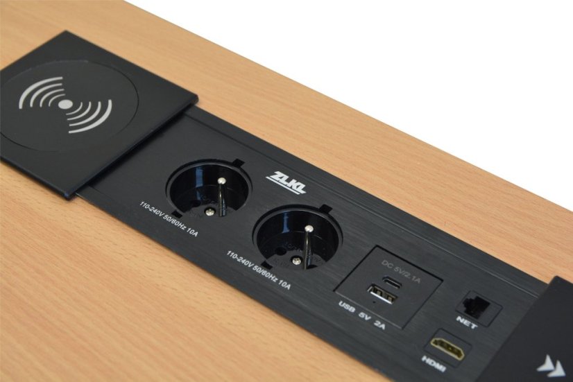 Zásuvkový box s posuvným krytom – 2x 230V zásuvka, USB A, USB C, HDMI, RJ45, bezdrátová nabíječka