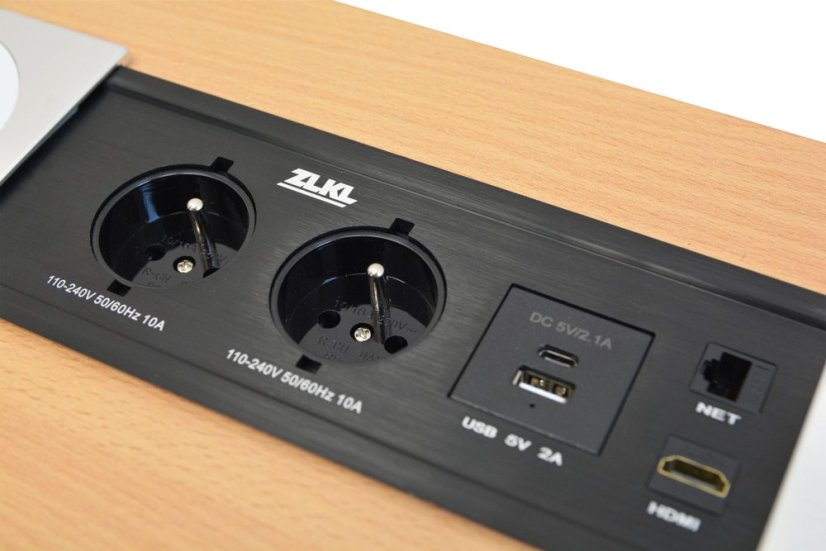 Zásuvkový box s posuvným krytom – 2x 230V zásuvka, USB A, USB C, HDMI, RJ45, bezdrátová nabíječka