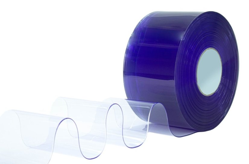 Lamelová clona protiprůvanová, PVC, délka 25 m, šířka 300 mm, tloušťka 3 mm, čirá, hladká, modrý nádech