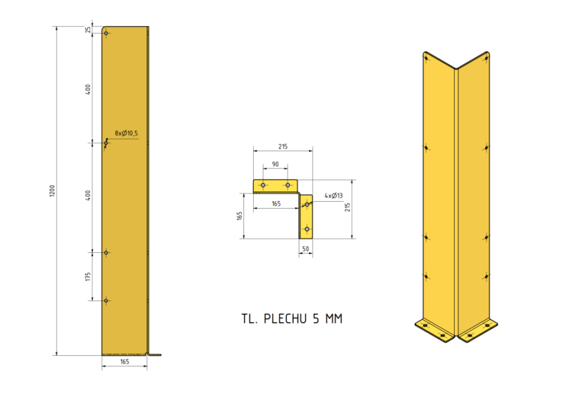 Kovová ochrana rohů a zdí, žlutá, výška 1200 mm