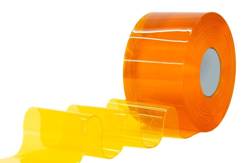 Lamelová clona protiprůvanová s ochranou proti hmyzu, PVC, délka 25 m, šířka 200 mm, tloušťka 3 mm, čirá, hladká, oranžový nádech