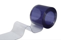 Protiprievanová lamelová clona, PVC, dĺžka 25 m, šírka 200 mm, hrúbka 3 mm, číra, hladká, modrý nádych