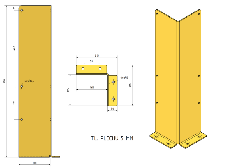 Kovová ochrana rohů a zdí 800 mm žlutá
