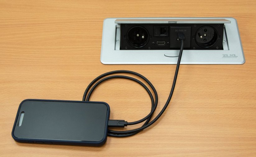Zásuvkový box s výklopným krytem - 2x 230V zásuvka, USB A, USB C, HDMI, RJ45 - Barva: Černá