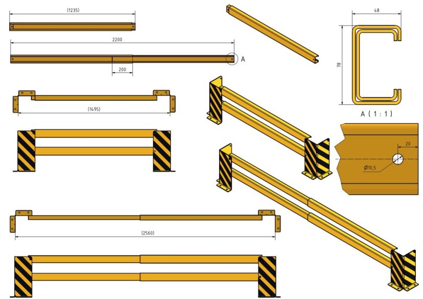 Flexibilní protinárazová zábrana pro zdi a regály 1235–2000 mm