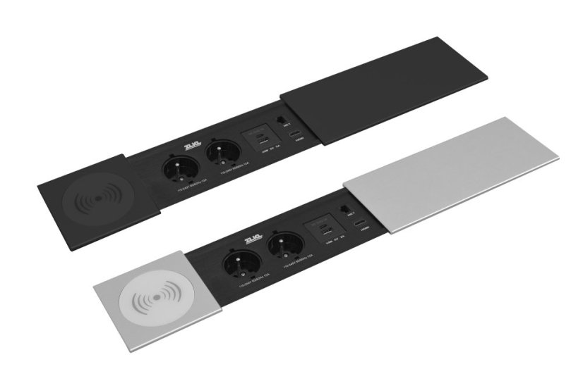 Zásuvkový box s posuvným krytom – 2x 230V zásuvka, USB A, USB C, HDMI, RJ45, bezdrátová nabíječka
