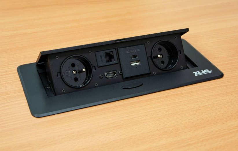 Zásuvkový box s výklopným krytem - 2x 230V zásuvka, USB A, USB C, HDMI, RJ45 - Barva: Černá