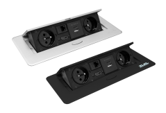 Zásuvkový box s výklopným krytom – 2× 230 V zásuvka, USB-A, USB-C, HDMI, RJ-45